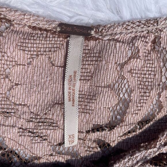 Free People Lace Dress Tunic Embroidered Ruffle Short Sleeve Tan Black Size XS - Picture 4 of 8